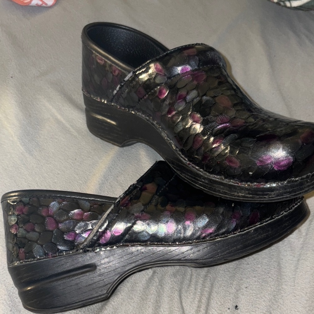 Dansko Black and Purple Textured Clogs